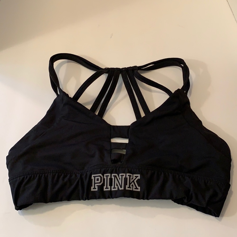 PINK (VICTORIA SECRET)ULTIMATE BLACK SPORTS BRA WITH STRING BACK SZ S GIRLS